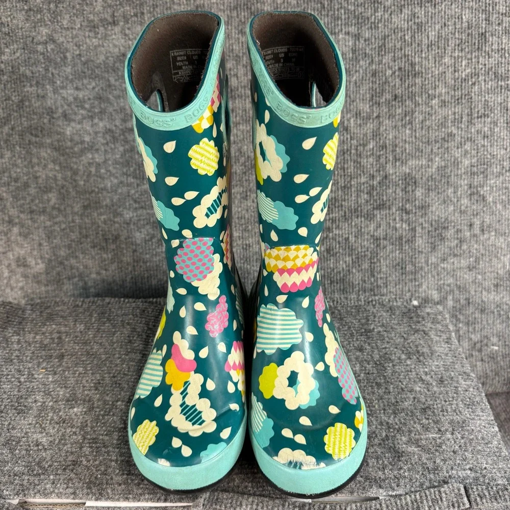 Bogs Rainit Clouds Teal Green Waterproof Rain Boots Youth Size 3 72379-440